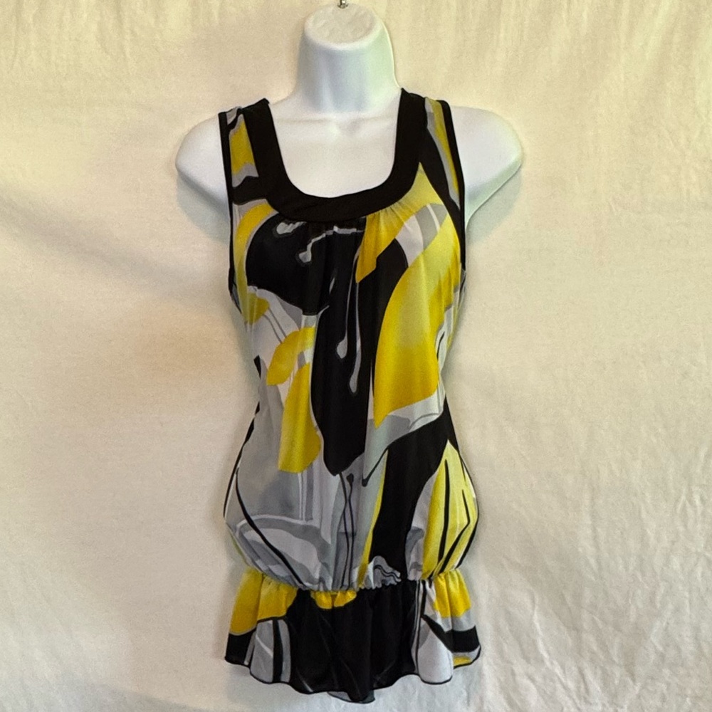 F-152 Voice‎ Black Gray & Yellow Floral Sleeveless Peplum Blouse Size L